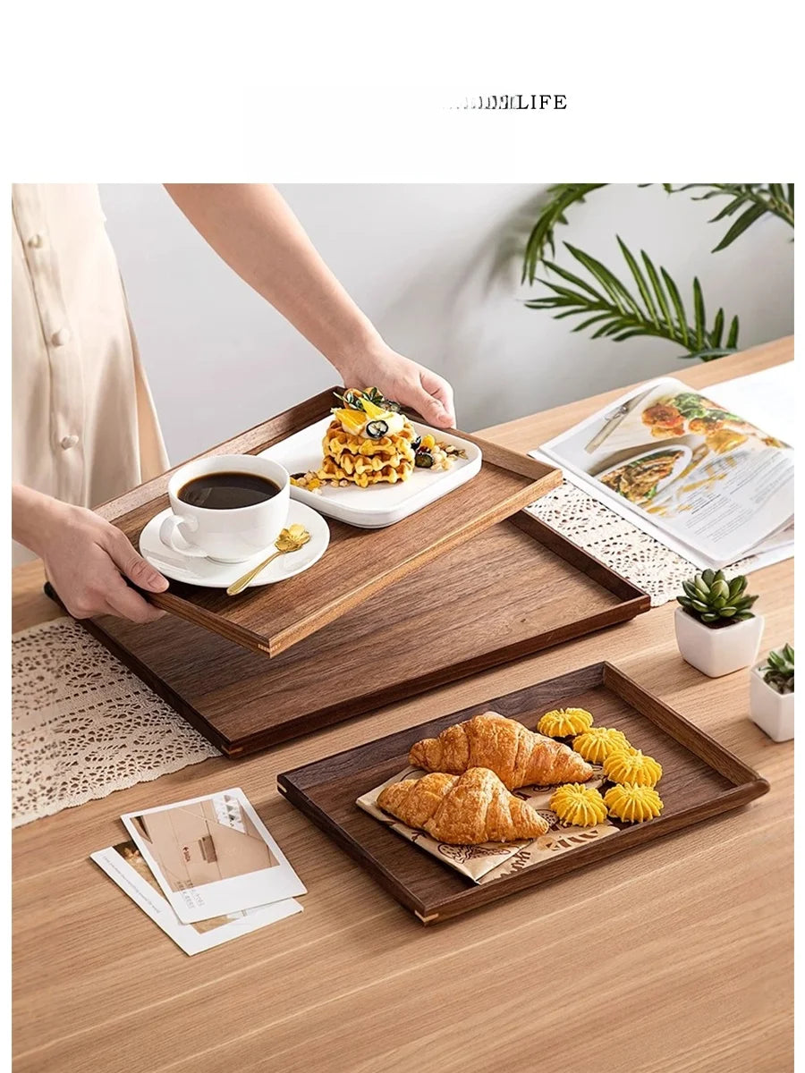 Plateau rectangulaire en bois de noyer – Plateau de service japonais multifonction pour café, repas et rangement