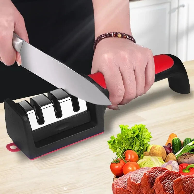 Aiguiseur de couteaux de cuisine 3/4 étapes – Aiguiseur manuel multifonction pour usage domestique, pierre d’affûtage noire.