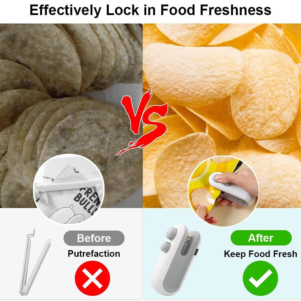 Mini scelleuse de sachets 2-en-1 – Scelleuse thermique portable pour sacs alimentaires, pince de fermeture pour sacs en plastique, mini appareil de scellage à chaud portatif.