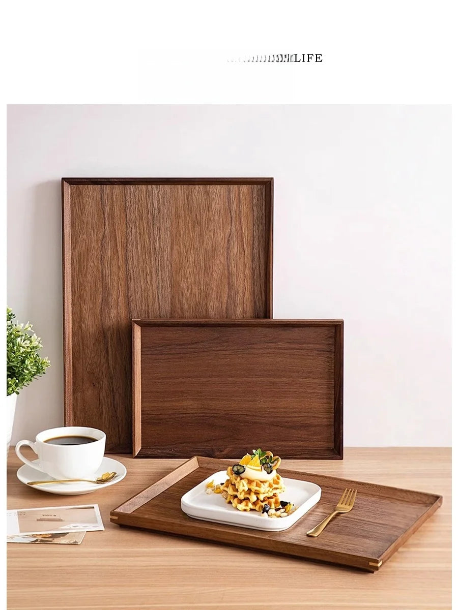 Plateau rectangulaire en bois de noyer – Plateau de service japonais multifonction pour café, repas et rangement