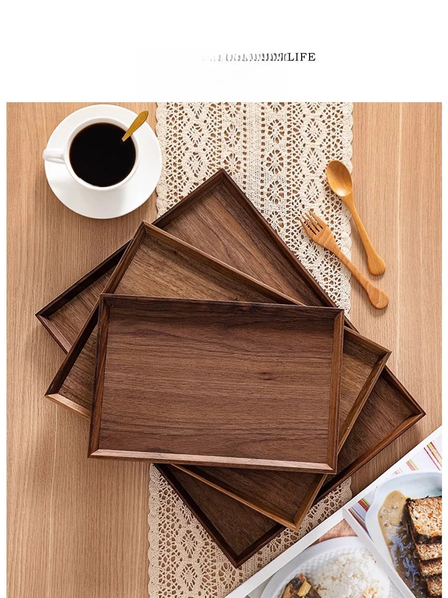 Plateau rectangulaire en bois de noyer – Plateau de service japonais multifonction pour café, repas et rangement