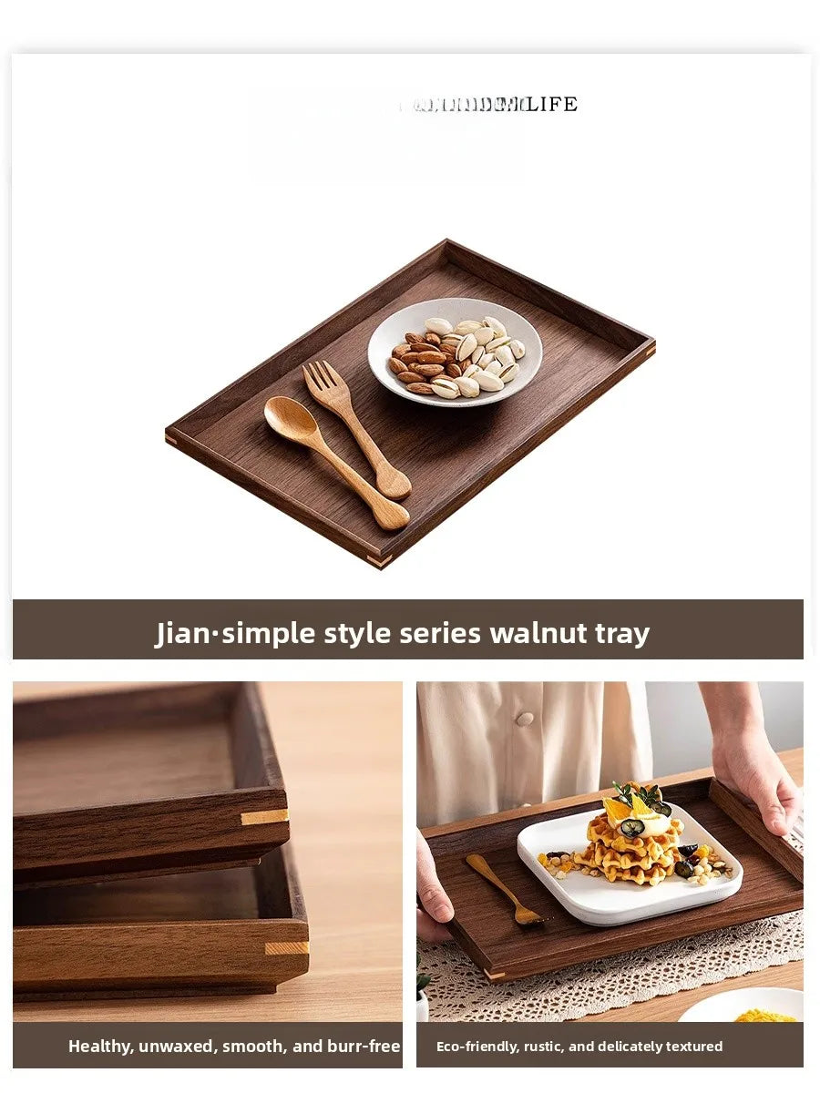 Plateau rectangulaire en bois de noyer – Plateau de service japonais multifonction pour café, repas et rangement