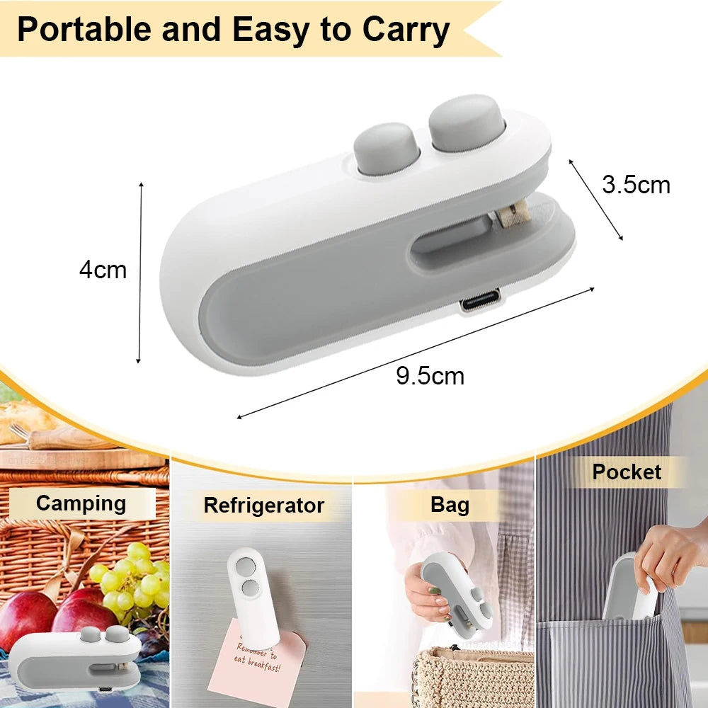 Mini scelleuse de sachets 2-en-1 – Scelleuse thermique portable pour sacs alimentaires, pince de fermeture pour sacs en plastique, mini appareil de scellage à chaud portatif.