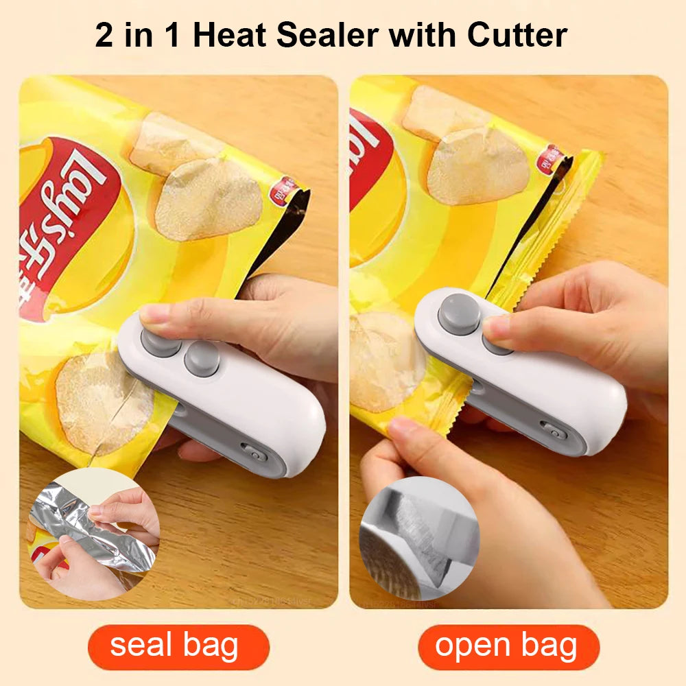 Mini scelleuse de sachets 2-en-1 – Scelleuse thermique portable pour sacs alimentaires, pince de fermeture pour sacs en plastique, mini appareil de scellage à chaud portatif.