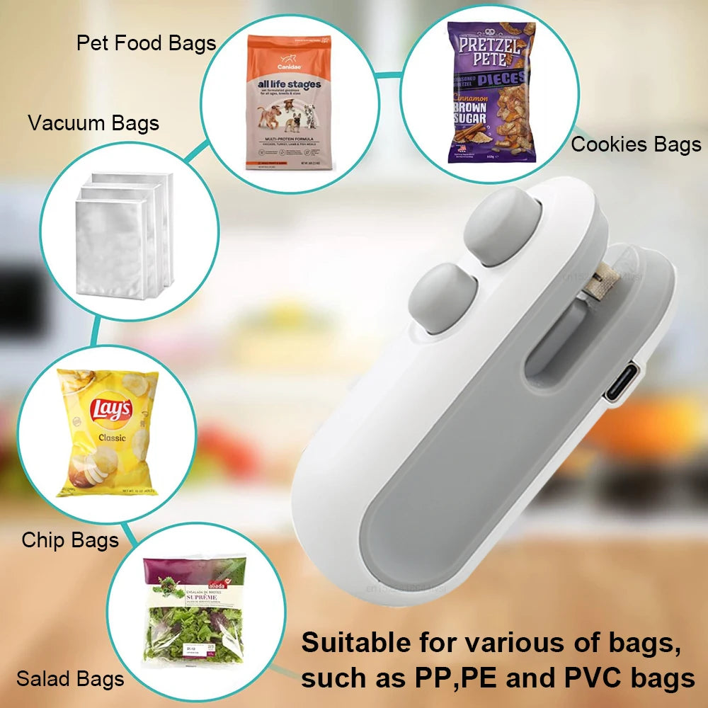 Mini scelleuse de sachets 2-en-1 – Scelleuse thermique portable pour sacs alimentaires, pince de fermeture pour sacs en plastique, mini appareil de scellage à chaud portatif.