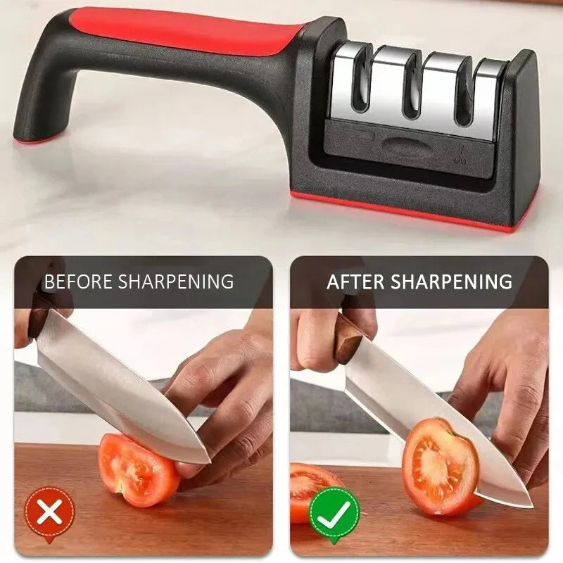 Aiguiseur de couteaux de cuisine 3/4 étapes – Aiguiseur manuel multifonction pour usage domestique, pierre d’affûtage noire.