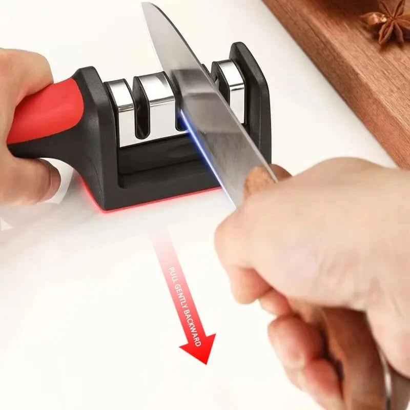 Aiguiseur de couteaux de cuisine 3/4 étapes – Aiguiseur manuel multifonction pour usage domestique, pierre d’affûtage noire.