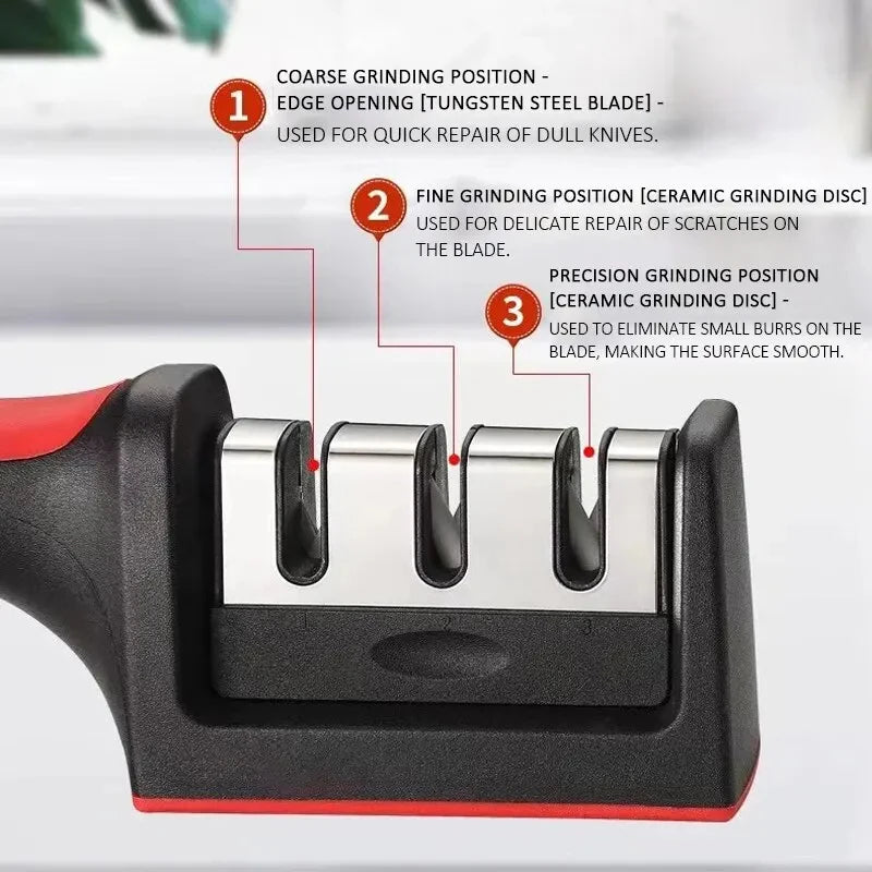 Aiguiseur de couteaux de cuisine 3/4 étapes – Aiguiseur manuel multifonction pour usage domestique, pierre d’affûtage noire.